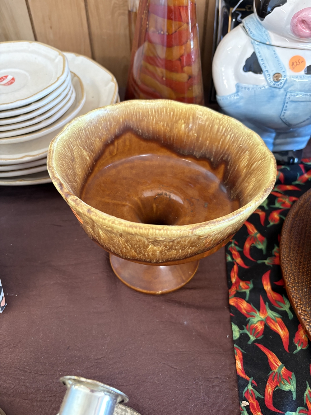 Vintage Ceramic Pedestal Bowl in Golden Brown